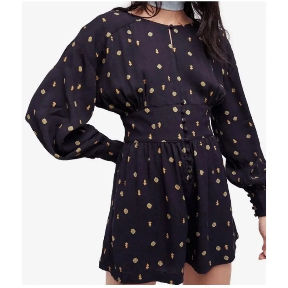 Free People Love Grows Romper Printed‎ Lg Black Keyhole Boho Jumpsuit